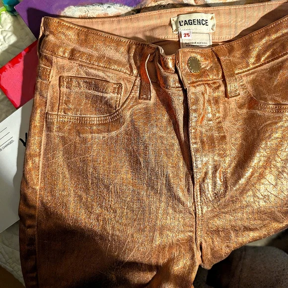 L'AGENCE Margot High Rise Skinny in Petal & Light Rose Gold Foil Sz 25 - Picture 6 of 12